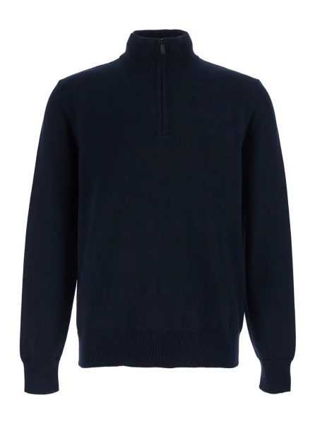 Pulover Sweater with half zip closure on the front and logo embroidery on the front in blue cotton for men