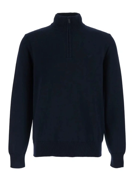 Pulover Sweater with half zip closure on the front and logo embroidery on the front in blue cotton for men