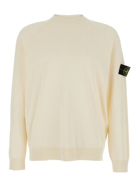Pulover White Crew Neck Sweater with logo patch on the sleeve in cotton for men