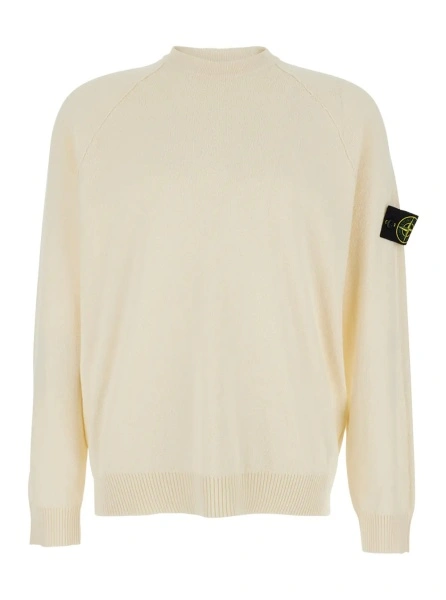 Pulover White Crew Neck Sweater with logo patch on the sleeve in cotton for men