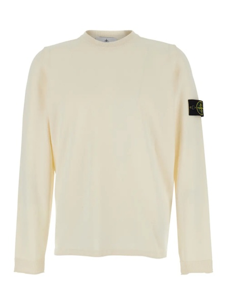 Pulover White Sweater with Round Neck and Long Sleeves In Cotton for Men