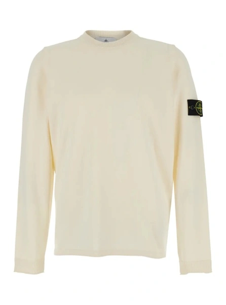 Pulover White Sweater with Round Neck and Long Sleeves In Cotton for Men