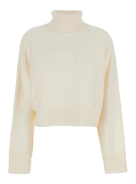 Pulover White Turtleneck Cropped Sweater with Logo Plaque on the Rear in Wool Woman