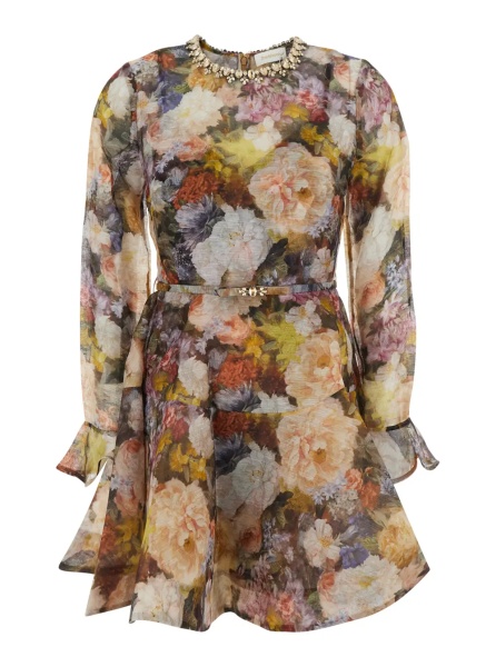 Rochii 'Alchemy' Multicolor Mini Dress with all-over print and front belt in linen and silk for women