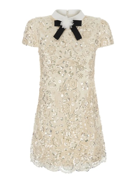 Rochii Beige Mini dress with bow on the front and all-over sequin embroidery in tech fabric for women