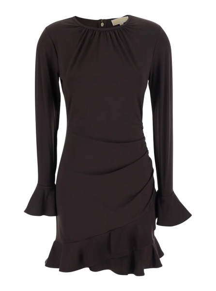 Rochii Black Crew neck dress with ruffles and flared cuffs in tech fabric for women