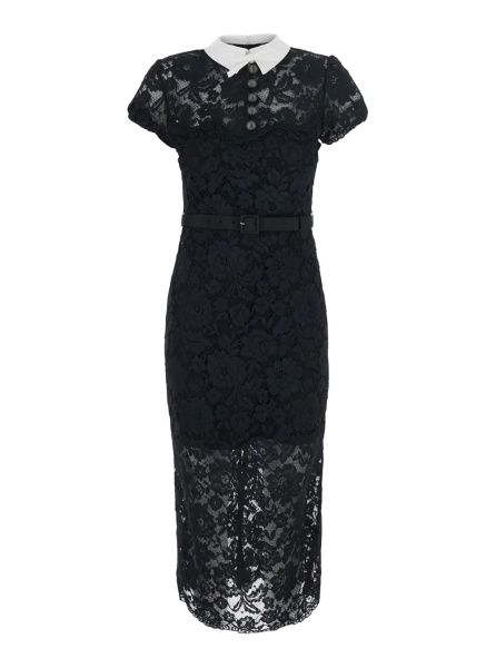 Rochii Black long dress with contrasting collar and all-over lace embroidery in tech fabric for women