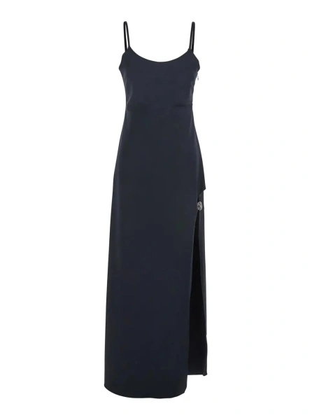 Rochii Black Long Dress with Thin Straps and Side Logo Plaque in Fabric Woman