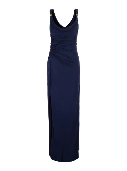 Rochii Blue Long Dress with V-Neck and Applied Medusa Buttons in Viscose for Women