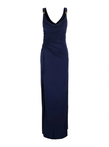 Rochii Blue Long Dress with V-Neck and Applied Medusa Buttons in Viscose for Women