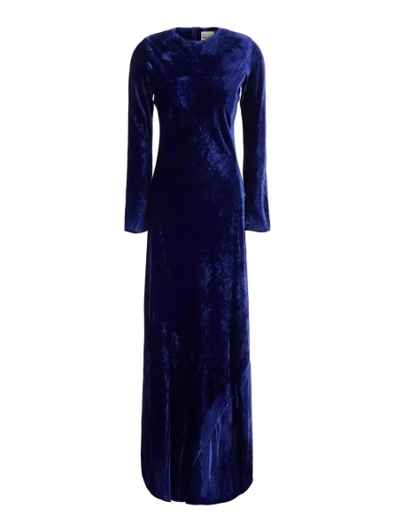 Rochii Blue Long round-neck dress with hidden zip closure at the back in velvet for women