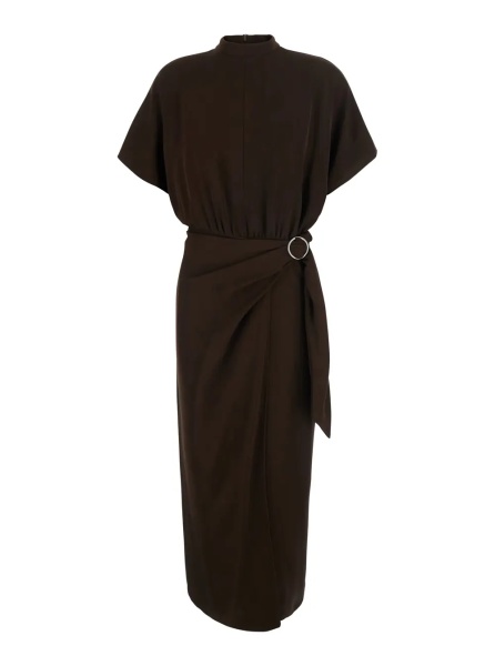 Rochii Brown High-Neck Dress with Front Buckle Belt in Fabric for Women