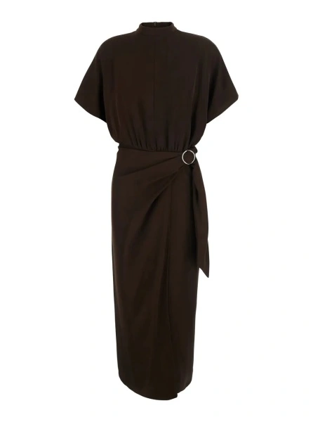 Rochii Brown High-Neck Dress with Front Buckle Belt in Fabric for Women