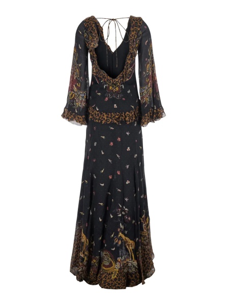 Rochii Brown Long Dress with V-Neck and Ruffled Sleeves in Tech Fabric Women
