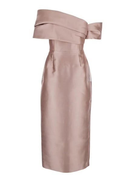 Rochii Long Dress 'Mirla' with Off Shoulder Design and Back Vent in Pink Fabric for Women