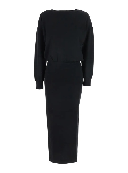 Rochii P.A.R.O.S.H. Black Round Neck Dress with Draped Waist in Wool Blend Woman