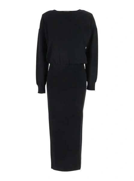 Rochii P.A.R.O.S.H. Black Round Neck Dress with Draped Waist in Wool Blend Woman
