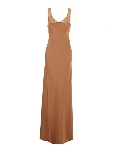 Rochii Pink Long Dress with Fixed Straps and Lace Detail on Straps and Neck in Blend Viscose for Women