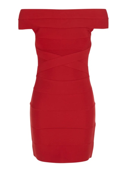Rochii Red Mini Dress with Off-shoulder Design and Elastic Inserts on the Front in Tech Fabric Women