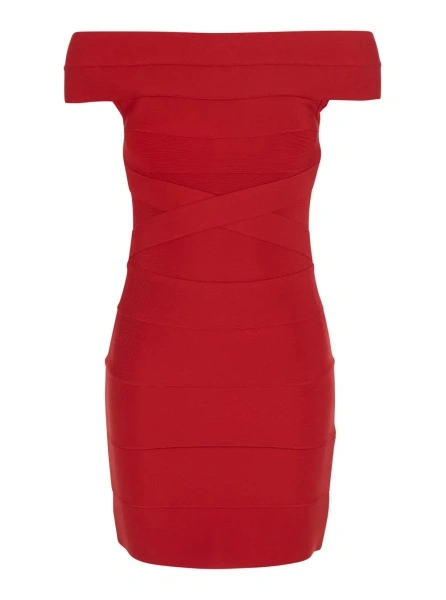 Rochii Red Mini Dress with Off-shoulder Design and Elastic Inserts on the Front in Tech Fabric Women