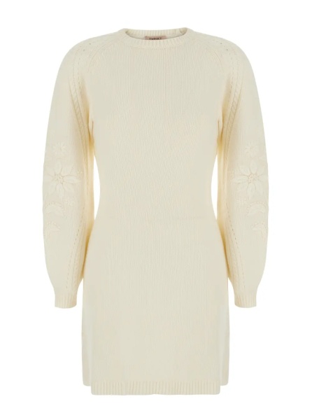 Rochii White Crew Neck Dress with Long Sleeves in Wool Blend for Women