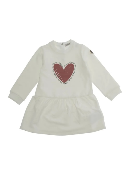 Rochii White Crewneck Dress with Heart Print on the Front and Logo Patch on the Sleeve in Cotton Stretch Baby