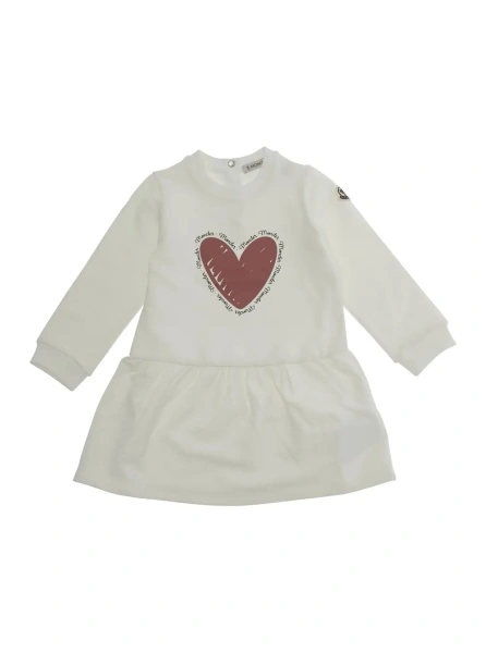 Rochii White Crewneck Dress with Heart Print on the Front and Logo Patch on the Sleeve in Cotton Stretch Baby