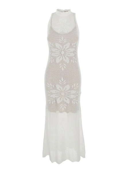 Rochii White Sleeveless Crew Neck Long Dress with Keyhole Closure on the Back and All-Over Floral Embroidery in VIscose Blend for Women