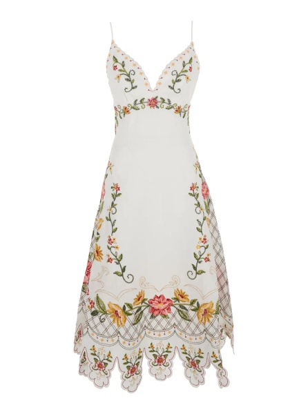 Rochii White Sleeveless Long Dress with Spaghetti Straps and Floral Embroidery in Linen for Women