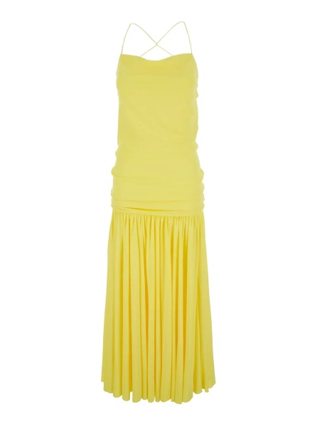 Rochii Yellow Dress with Straight Neckline and Gathered Waist in Tech Fabric for Women
