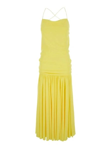 Rochii Yellow Dress with Straight Neckline and Gathered Waist in Tech Fabric for Women
