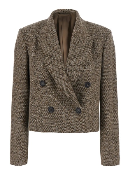 Sacou beige crop Jacket with peak revers in virgin wool blend for women
