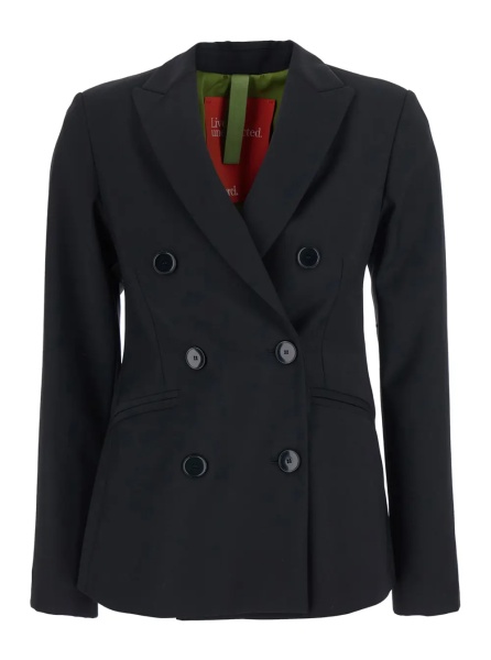 Sacou Black Double-breasted Jacket with peak revers in wool blend for women