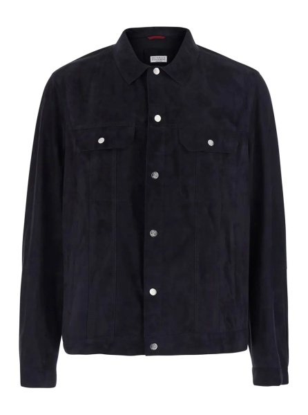 Sacou Blue Jacket with classic collar and front pockets in suede for men