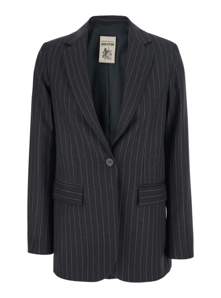 Sacou 'Carmen' grey Jacket with notched revers and motif in wool blend for women