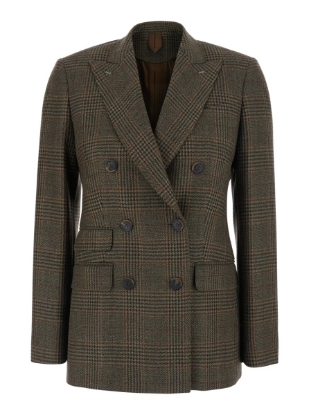 Sacou 'DESERTO' dark brown Double-breasted Jacket with Peak revers and check Motif in wool for women
