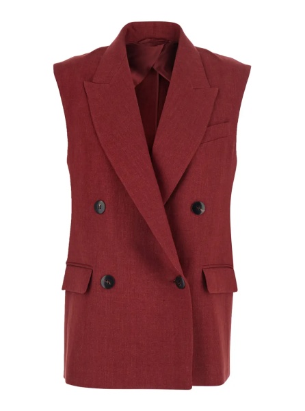 Sacou 'Mstaia' Red Double-breasted Gilet with Front Closure in Linen for Women