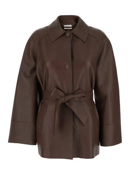 Sacou P.A.R.O.S.H. Brown Leather Jacket with Wide Collar and Front Belt for Women