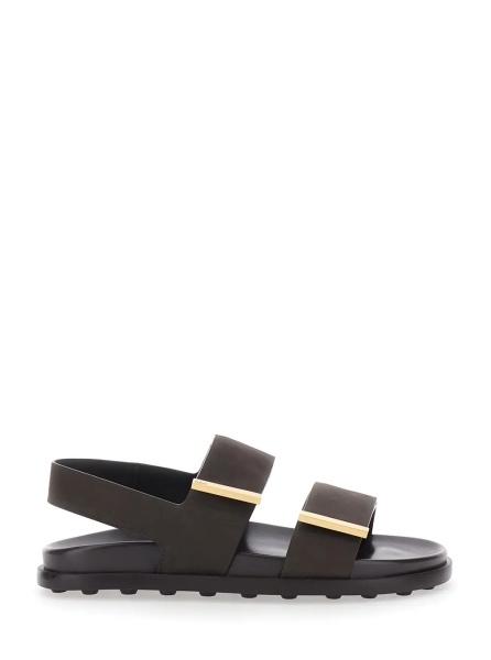 Sandale Brown Leather Sandals with Strap Design and Metallic Logo Details for Women