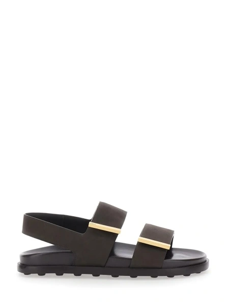Sandale Brown Leather Sandals with Strap Design and Metallic Logo Details for Women