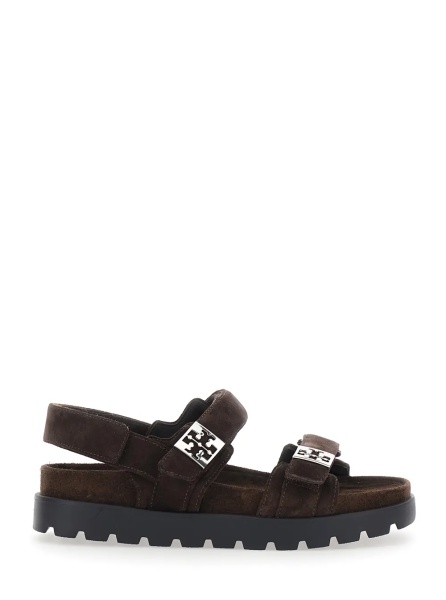 Sandale Brown Sandals with Adjustable Closure and Logo Plates in Suede Women