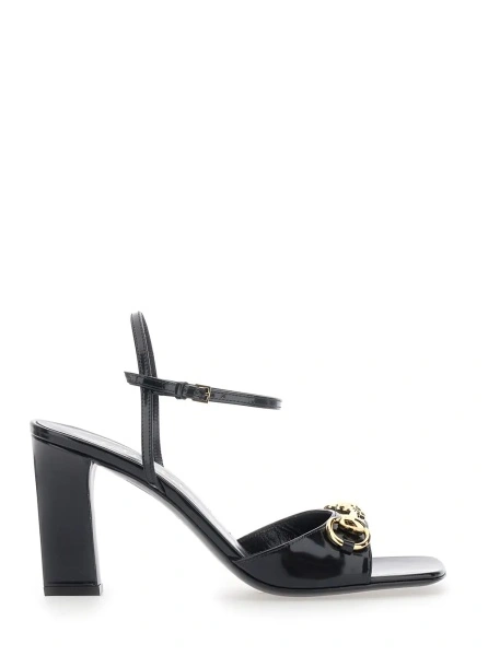 Sandale 'Signora' Black sandals with square toe with Horsebit and high heel in leather for women