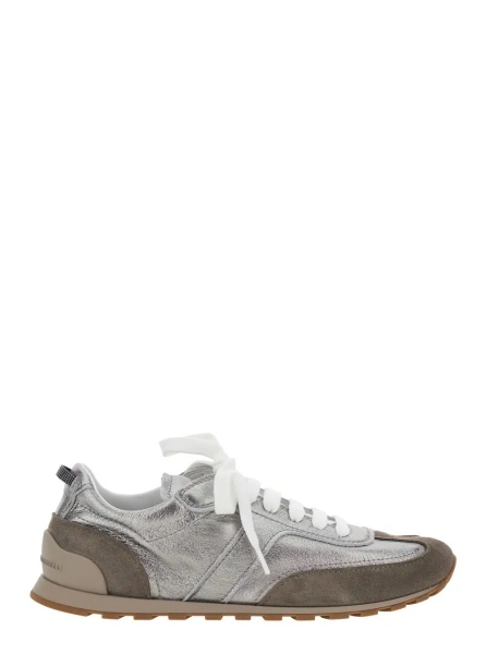Sneakers Gray Low Top Sneakers with logo lettering on tongue and heel and metallic effect in suede and leather for women