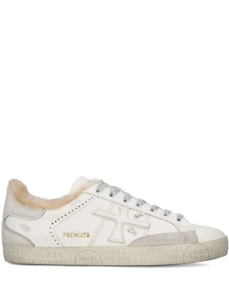 Sneakers Premiata albi din piele si par de vitel