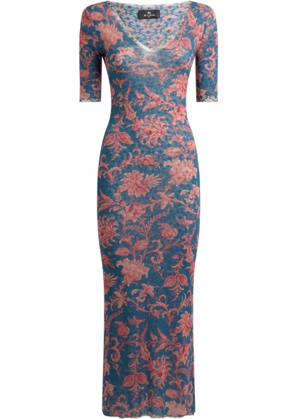 Stretch tulle midi Dress with floral motif