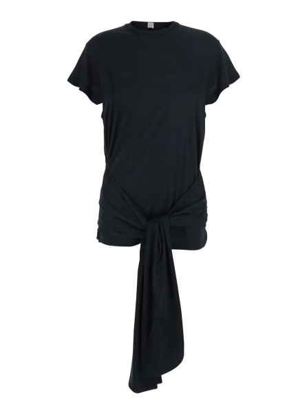 Topuri TOTÊME Black Top with round neckline and waist knot in Tech Fabric and Cotton for women