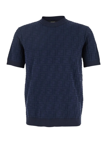 Tricou Blue T-Shirt with All-Over FF Logo Embroidery in Cotton for Men