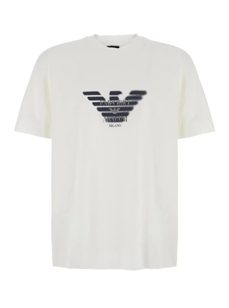Tricou Emporio Armani alb din bumbac cu logo imprimat pe piept