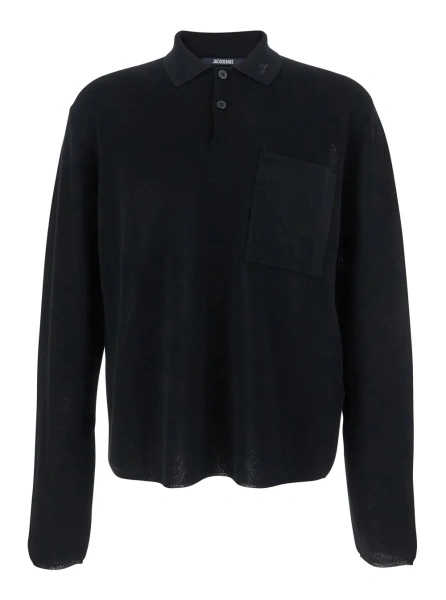 Tricou Polo Black Polo Shirt with Tone-on-Tone Logo on Front in Cotton Knit Man