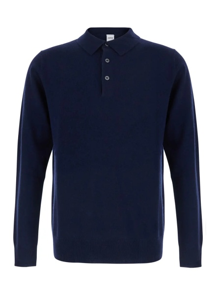 Tricou Polo Blue Long Sleeve Polo Shirt with Collar in Blend Wool and Cashmere Men